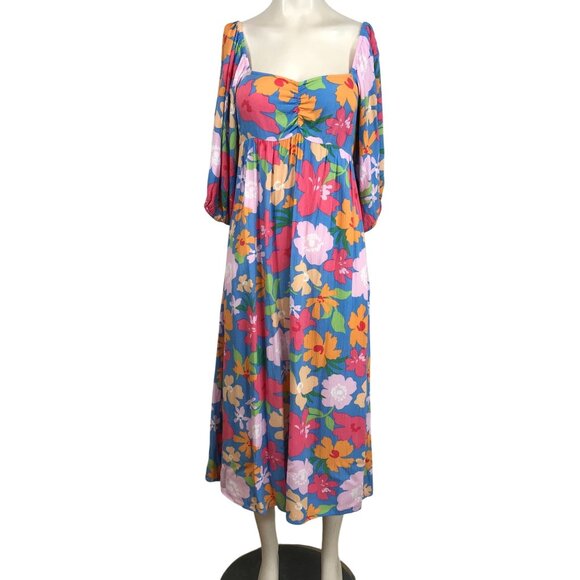 BILLABONG - WOMEN'S SMALL -BLUE FLORAL SHORT SLEEVE V NECK BOHO DRESS - Picture 1 of 8